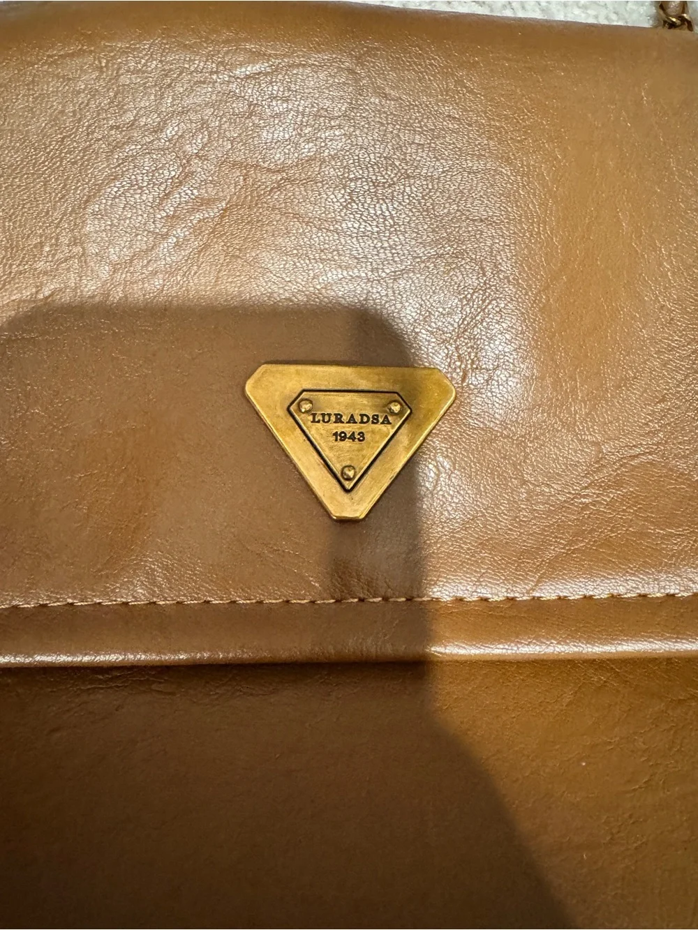Camel Leather-Effect Shoulder Bag with Chain Strap